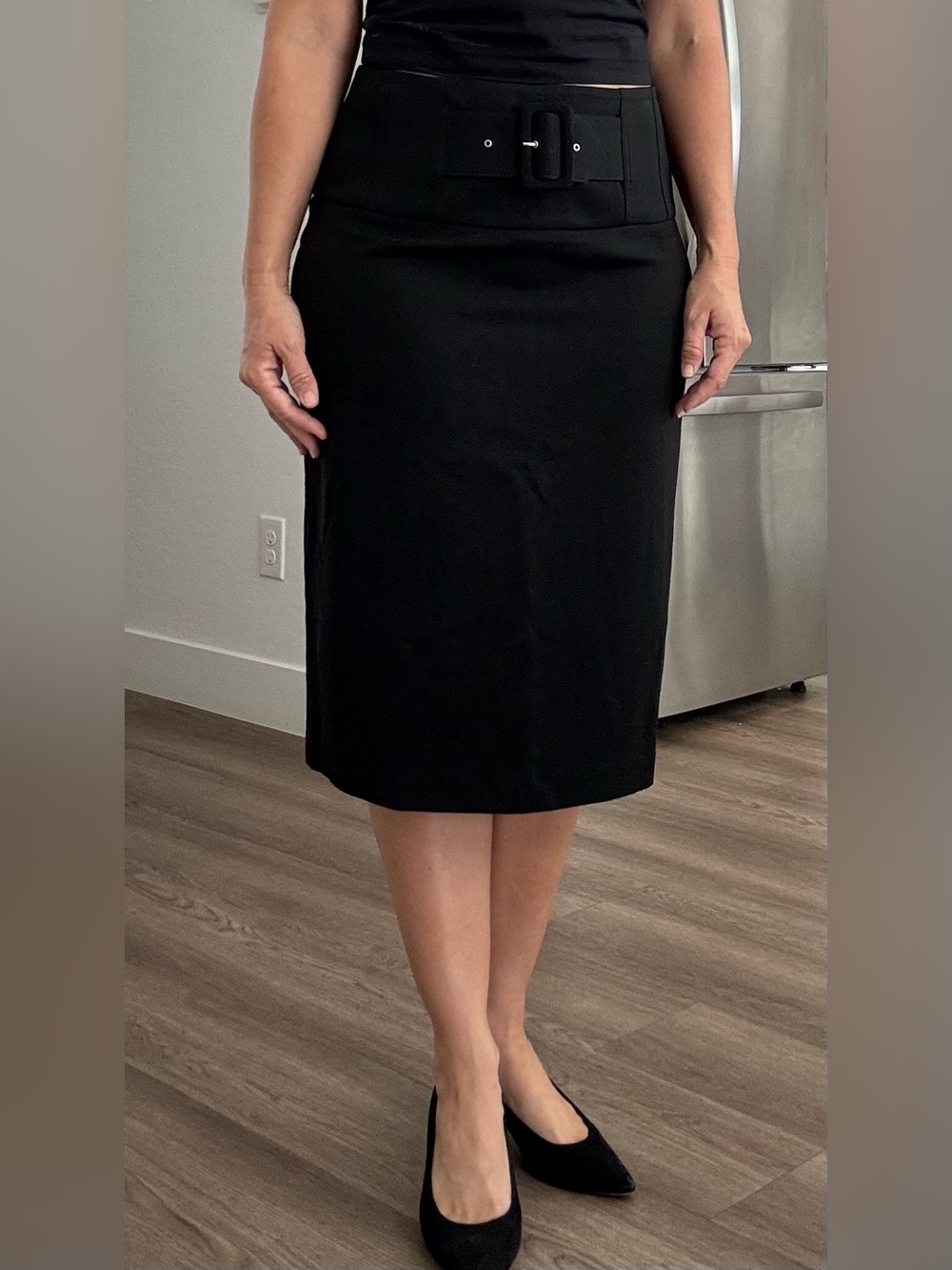 Grace Elements Classic Black Belted Business Pencil Skirt with Slit